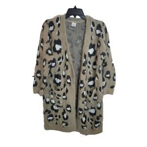 Cozy Co Tan Leopard Print Open Pockets Fuzzy Cardigan Sweater Women's Size 1X/2X